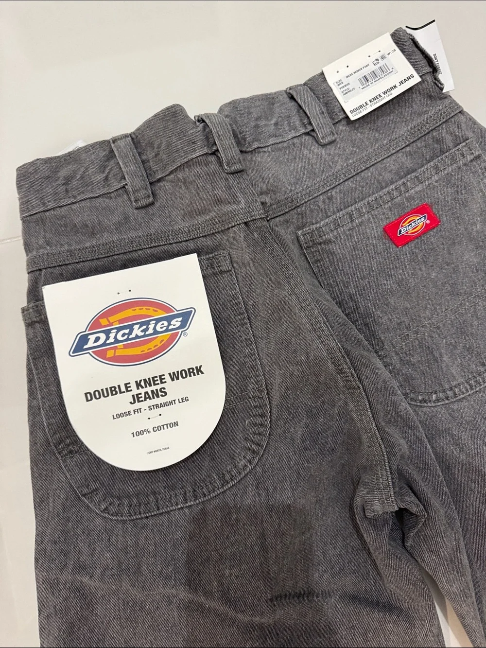 Dickies Men’s Charcoal Relaxed Wide-Leg Jeans with Red Logo Patch